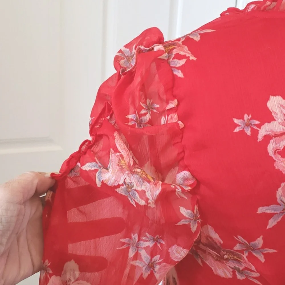 CeCe Cherry Rose Lava Red Floral Print V-Neck Blouse Sheer Ruched Sleeve Small - Picture 8 of 11